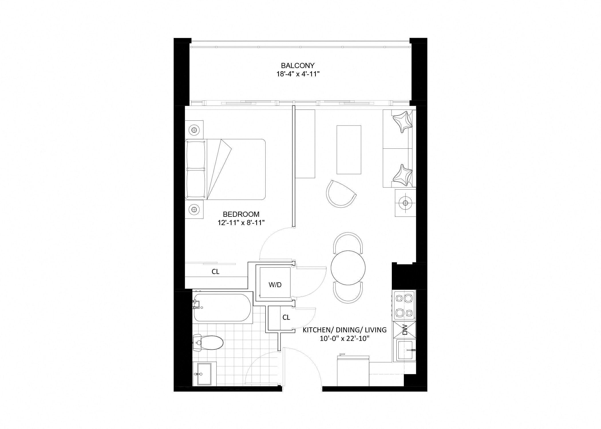 Floor plan for 1 bed, 1 bath, 496 sqft